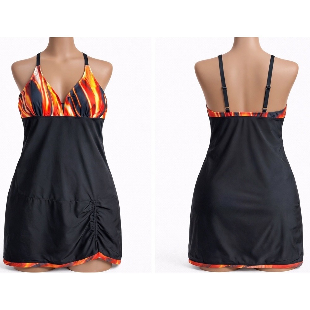 Women One Piece Swimsuit 2XL Black Orange Flame Print Stretch Padded Ruched Side